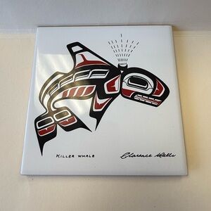 Vintage Clarence A. Wells "Killer Whale" Aboriginal Art Ceramic Tile Trivet.